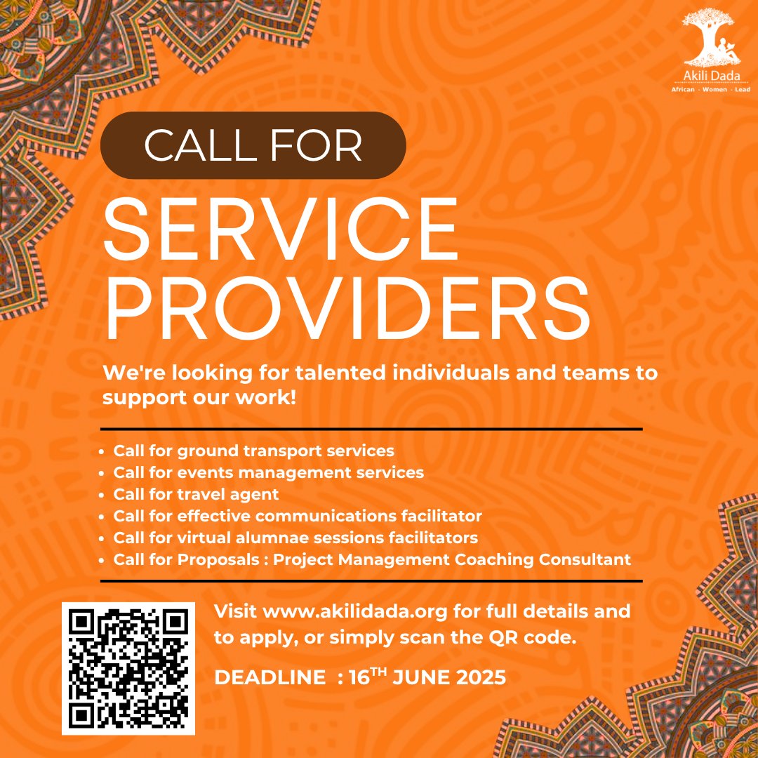 🌟 Join Akili Dada's Vibrant Team!
Are you ready to contribute your expertise to impactful projects? We're warmly inviting talented individuals &amp; teams to collaborate.
Learn more &amp; apply: akilidada.org 
Deadline: June 16, 2025.

#africanwomenlead #ikokazi