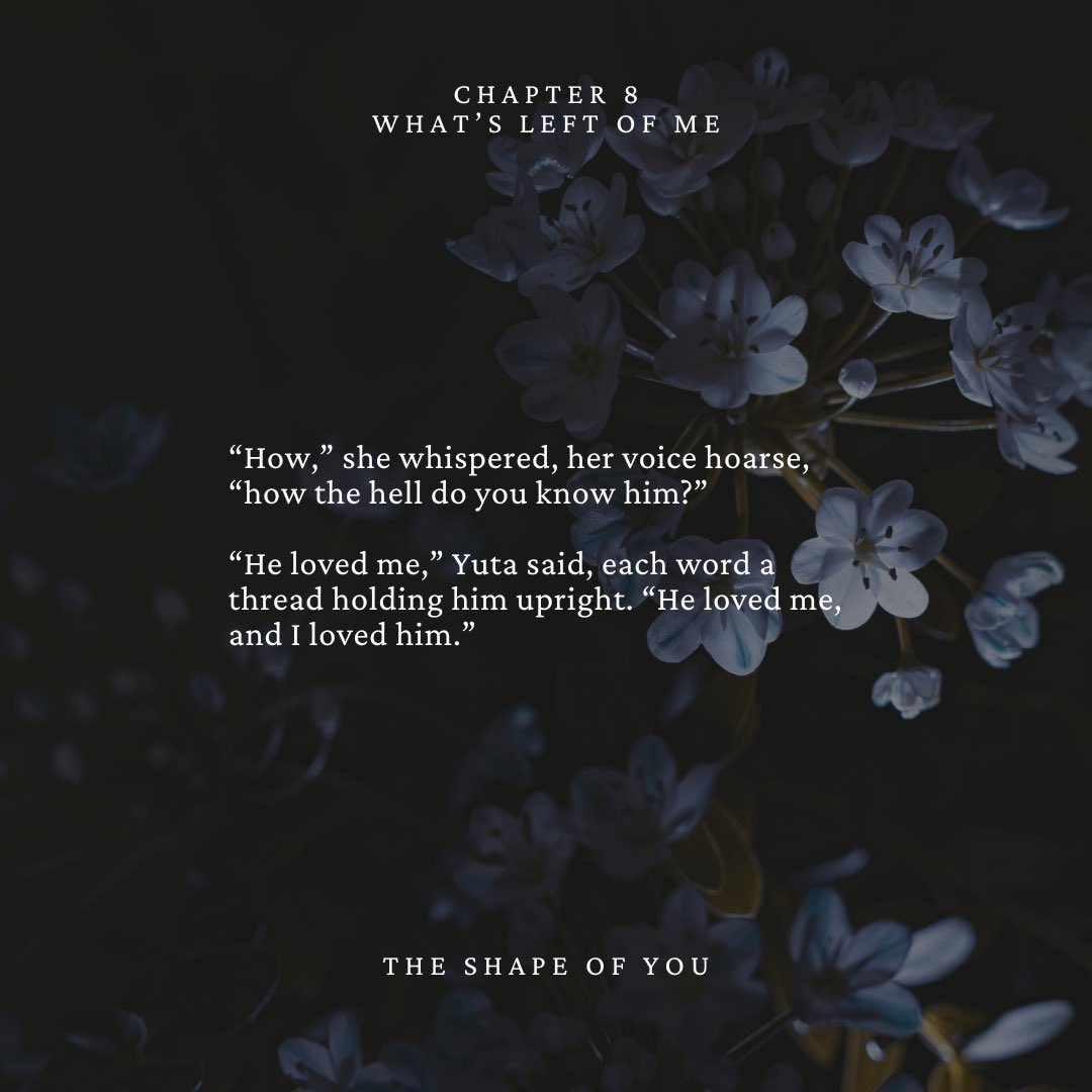 Chapter 8 is out! Thank you all who predicted the chapter and to the ones who didn’t, enjoy the plot twist!

✨ The Shape of You
✨ Ch.8 - What’s left of me
✨ E rated Hurt/Confort
✨ Ghost AU 
✨ Ghost!Yuta x GhostWhisperer!Toge
✨ #inuokko 

archiveofourown.org/works/65474863…