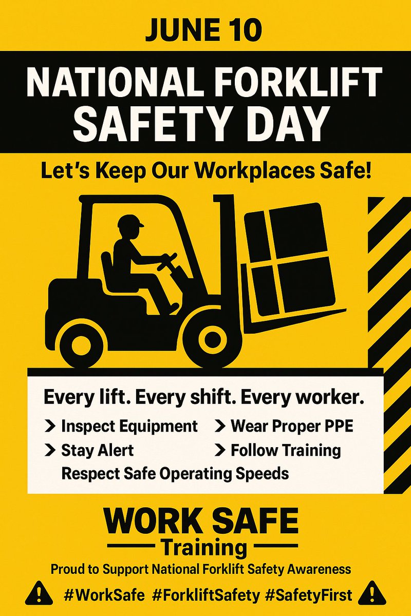 🟡 Today is National Forklift Safety Day!
Every lift. Every shift. Every worker.

✅ Inspect equipment
✅ Stay alert
✅ Wear PPE
✅ Follow training

WORK SAFE Training supports #ForkliftSafety &amp; #SafetyFirst
#WorkSafe #NationalForkliftSafetyDay
