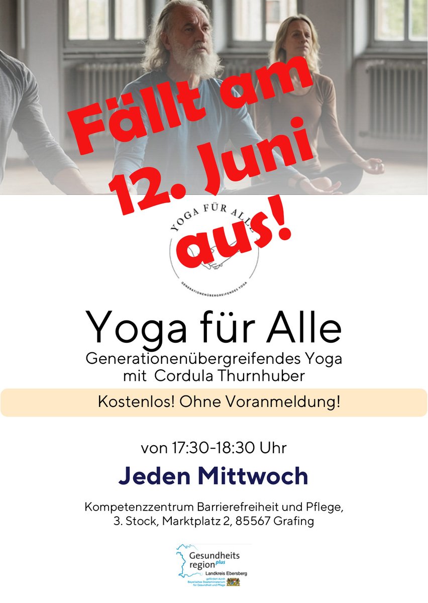 ❗Achtung❗ Am Mittwoch, 12. Juni, muss „Yoga für Alle“ im 🧘‍♀️ Kompetenzzentrum Barrierefreiheit und Pflege leider ausfallen 😞.