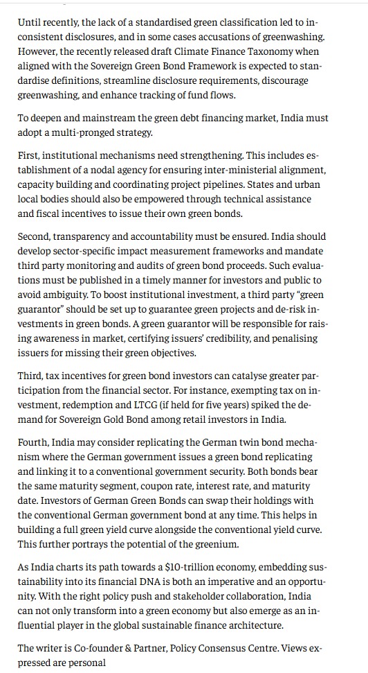 My recent article published in #BusinessLine suggests similar tax incentives as the gold bond, a green guarantor, transparent impact reporting &amp; adoption of the German twin bond concept for increasing investment in #greenbonds in India.
<a href="/FinMinIndia/">Ministry of Finance</a> <a href="/RBI/">ReserveBankOfIndia</a> <a href="/UNFCCC/">UN Climate Change</a> <a href="/SEBI_updates/">SecuritiesandExchangeBoardofIndia</a>