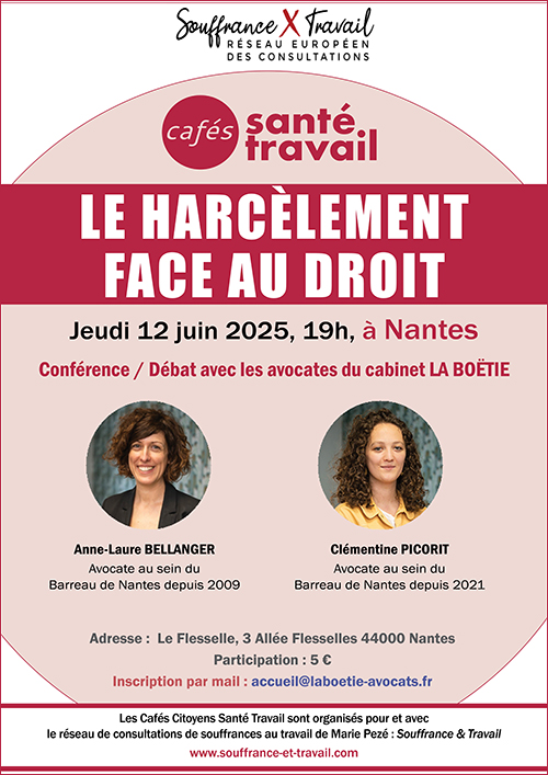 LE HARCÈLEMENT FACE AU DROIT DU TRAVAIL DANS LE SECTEUR PRIVÉ
Café Santé Travail jeudi 12 juin 2025 à 19h à #NANTES
<a href="/nantesfr/">Ville de Nantes</a> <a href="/NantesMetropole/">Nantes Métropole</a> <a href="/Juju_LaNantaise/">Juju La Nantaise</a> <a href="/NantaisesEL/">Nantaises en Lutte</a> <a href="/ASMNantes/">Atlas Social de la Métropole Nantaise</a> 
#harcèlement #droit #lois #Nantes
souffrance-et-travail.com/evenements/nan…