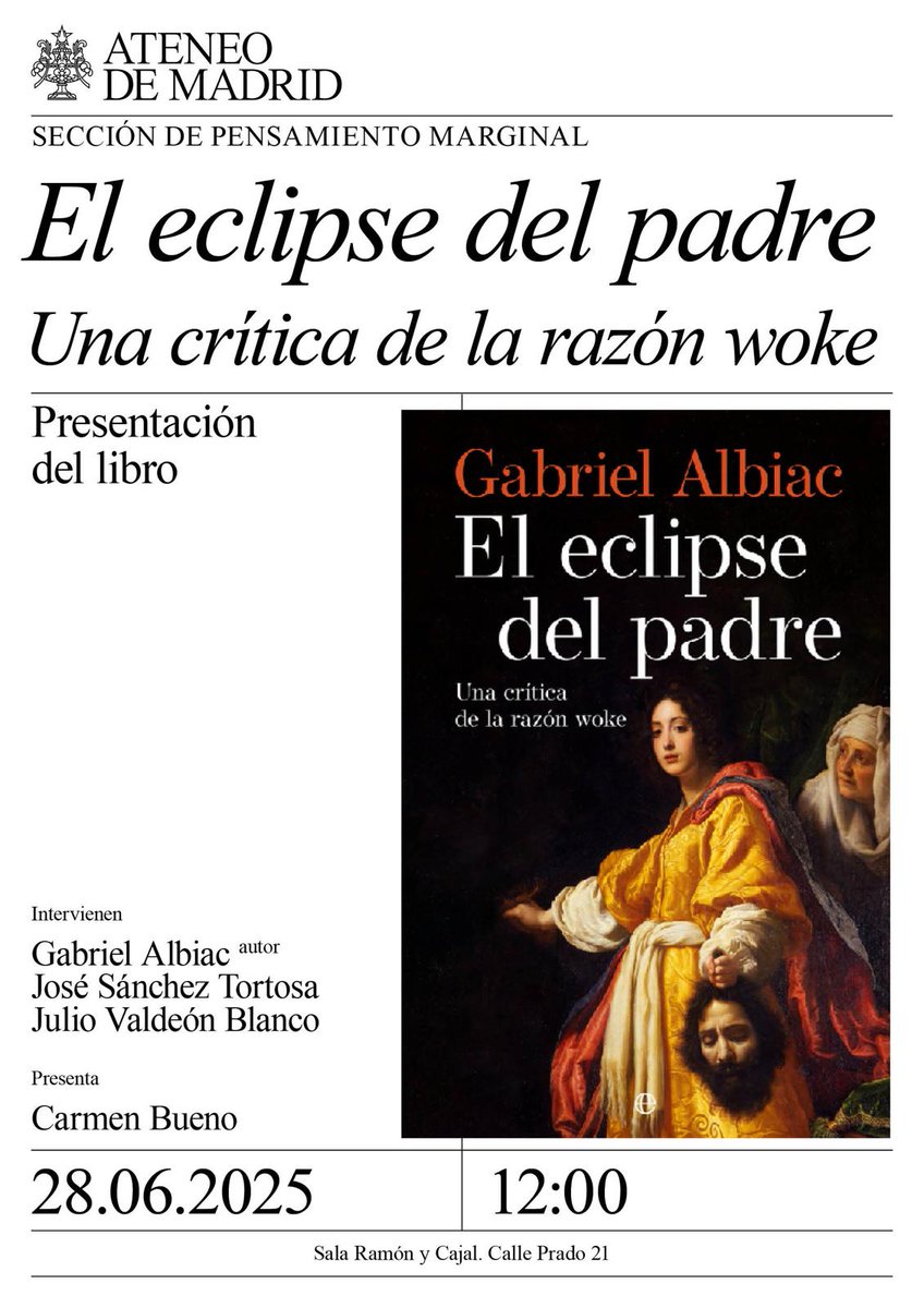 Julio Valdeón (@juliovaldeon) on Twitter photo Y el 28 de junio, a las 12:00, en el <a href="/ateneodemadrid/">Ateneo de Madrid</a> de Madrid, junto a José Sánchez Tortosa, presentamos el extraordinario nuevo libro del maestro Gabriel Albiac, 'El eclipse del padre'. Y el 28 de junio, a las 12:00, en el <a href="/ateneodemadrid/">Ateneo de Madrid</a> de Madrid, junto a José Sánchez Tortosa, presentamos el extraordinario nuevo libro del maestro Gabriel Albiac, 'El eclipse del padre'.