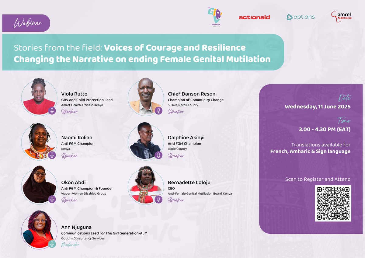 Amref_Kenya's tweet image. “Stories from the Field: Voices of Courage and Resilience” is not just a webinar—it’s a movement. Be part of the story. Be part of the change.
📍 Voices from the frontlines.
💬 Unfiltered, bold, and deeply human.
Let’s amplify voices and #EndFGM for good.
👉 Register here:…