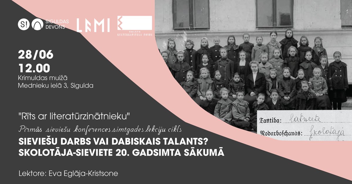 📅 Iespēja ikvienam interesentam 28. jūnijā plkst. 12.00 Krimuldas muižā noklausīties LU LFMI vadošās pētnieces Evas Eglājas-Kristsones priekšlasījumu “Sieviešu darbs vai dabiskais talants? Skolotāja-sieviete 20. gadsimta sākumā”. 

Vairāk: facebook.com/events/9096511…