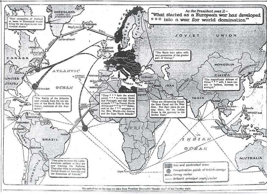"What started as a European war has developed into a war for world domination." US President Roosevelt's words illustrated by New York Times, tracking spread of war across the globe:
