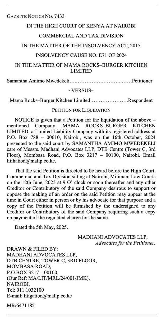 MENdirangu's tweet photo. Samantha Mwedekeli, one of the co-founders of Mama Rocks–Burger Kitchen, has filed a petition to liquidate the company.

The matter will be heard on June 12, 2025, at the Milimani Commercial Court. https://t.co/TQsO1TAYn9