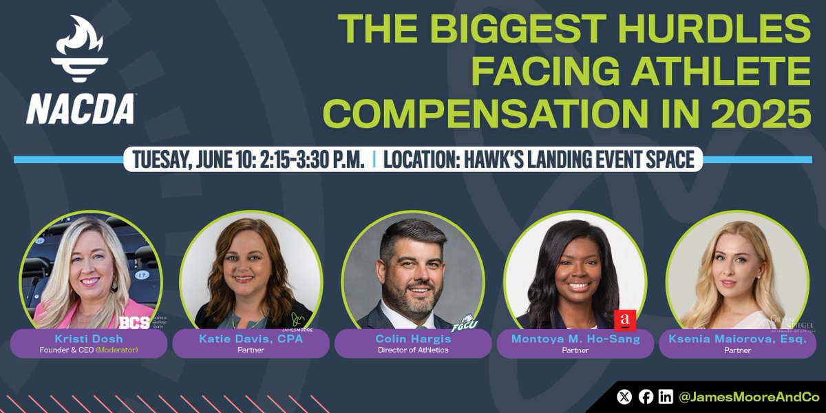 🎯 Athlete Pay in 2025: What’s Standing in the Way?
🕝 2:15–3:30 PM | 📍 Hawk's Landing (<a href="/NACDA/">NACDA</a> )

Legal, financial &amp; regulatory hurdles ahead—let’s unpack them.

🎙️ Kristi Dosh <a href="/SportsBizMiss/">Kristi Dosh</a>, <a href="/KatieDavisCPA/">Katie Davis</a>, Colin Hargis (<a href="/HargisColin/">Colin Hargis</a>),  Montoya Ho-Sang and  Ksenia Maiorova