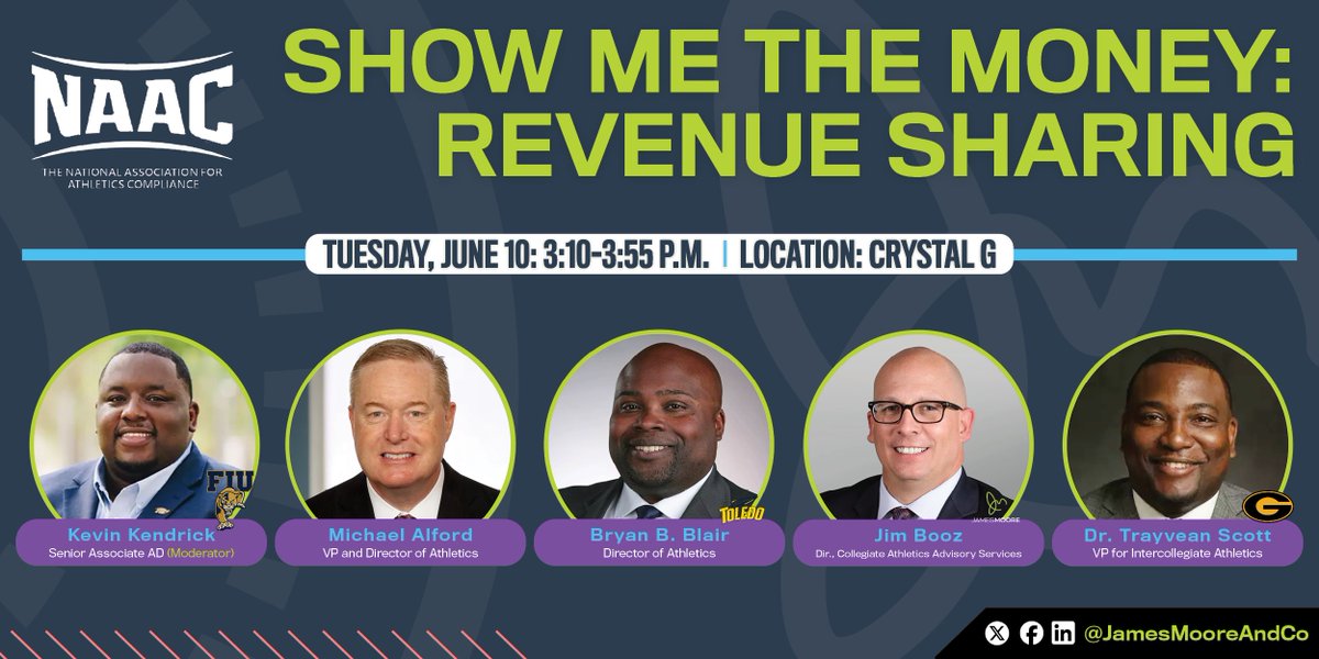 James Moore Higher Ed & Athletics (@jmcohighered) on Twitter photo 💰 Show Me the Money: Revenue Sharing
🕒 3:10–3:55 PM | 📍 Crystal G (NACDA)
From fairness to funding—how should schools share the pie?
🎙️ <a href="/DrKevinDK/">Kevin D Kendrick, Ed.D</a>, <a href="/SeminoleAlford/">Michael Alford</a>, <a href="/BtotheBlair/">Bryan B. Blair</a>, <a href="/jim_booz1/">Jim Booz</a>, <a href="/TrayveanScott/">Tray Scott, Ph.D.</a>
Let’s talk equity, NIL & the future of athlete pay.
#NIL 💰 Show Me the Money: Revenue Sharing
🕒 3:10–3:55 PM | 📍 Crystal G (NACDA)
From fairness to funding—how should schools share the pie?
🎙️ <a href="/DrKevinDK/">Kevin D Kendrick, Ed.D</a>, <a href="/SeminoleAlford/">Michael Alford</a>, <a href="/BtotheBlair/">Bryan B. Blair</a>, <a href="/jim_booz1/">Jim Booz</a>, <a href="/TrayveanScott/">Tray Scott, Ph.D.</a>
Let’s talk equity, NIL & the future of athlete pay.
#NIL