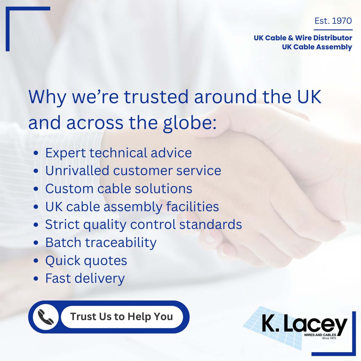 KLACEYCABLES's tweet image. Trust us to provide you with a reliable partnership you can depend on.

#KLaceyCables #CableDistributor #CableManufacturer
#TechnicalCableAdvice #UKCableExperts #QualityUKCable
#UKCableAssembly #BuildToPrintCables
