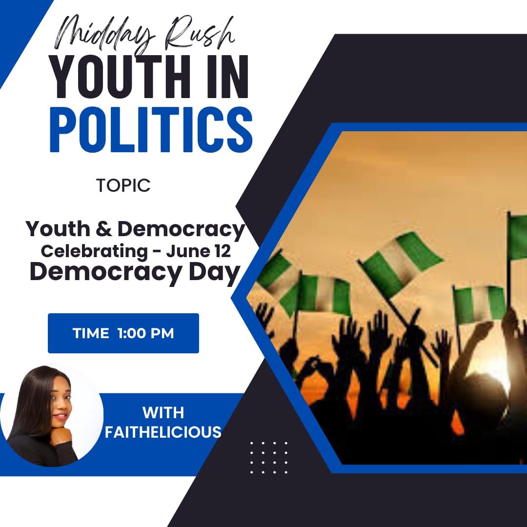 #YouthInPolitic here's a question - If u had d power 2 change 1 thing abt Nigeria’s political system, what would it be &amp;why? 
Host <a href="/faithelicious/">Faith Onyebujoh</a> guest Toritseju Onwubiko
<a href="/tojubikz/">T O R I T S E J U</a>
Be part of the conversation Tune in-be a part of the conversation #democracyradio #youthinpolitics