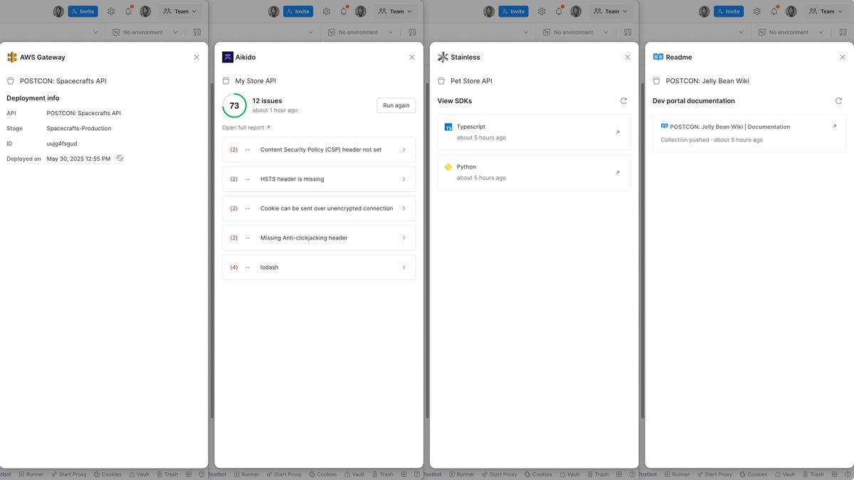 getpostman's tweet photo. ICYMI at #POSTCON, the Postman Ecosystem is coming soon! 🎉 

Request early access to try out apps from @AikidoSecurity, @awscloud, @Azure, @pynt_io, @readme, @StainlessAPI, @snyksec - with more coming soon! 🤘 https://t.co/g3GnwyXvSS https://t.co/jE0Jtv6MGe