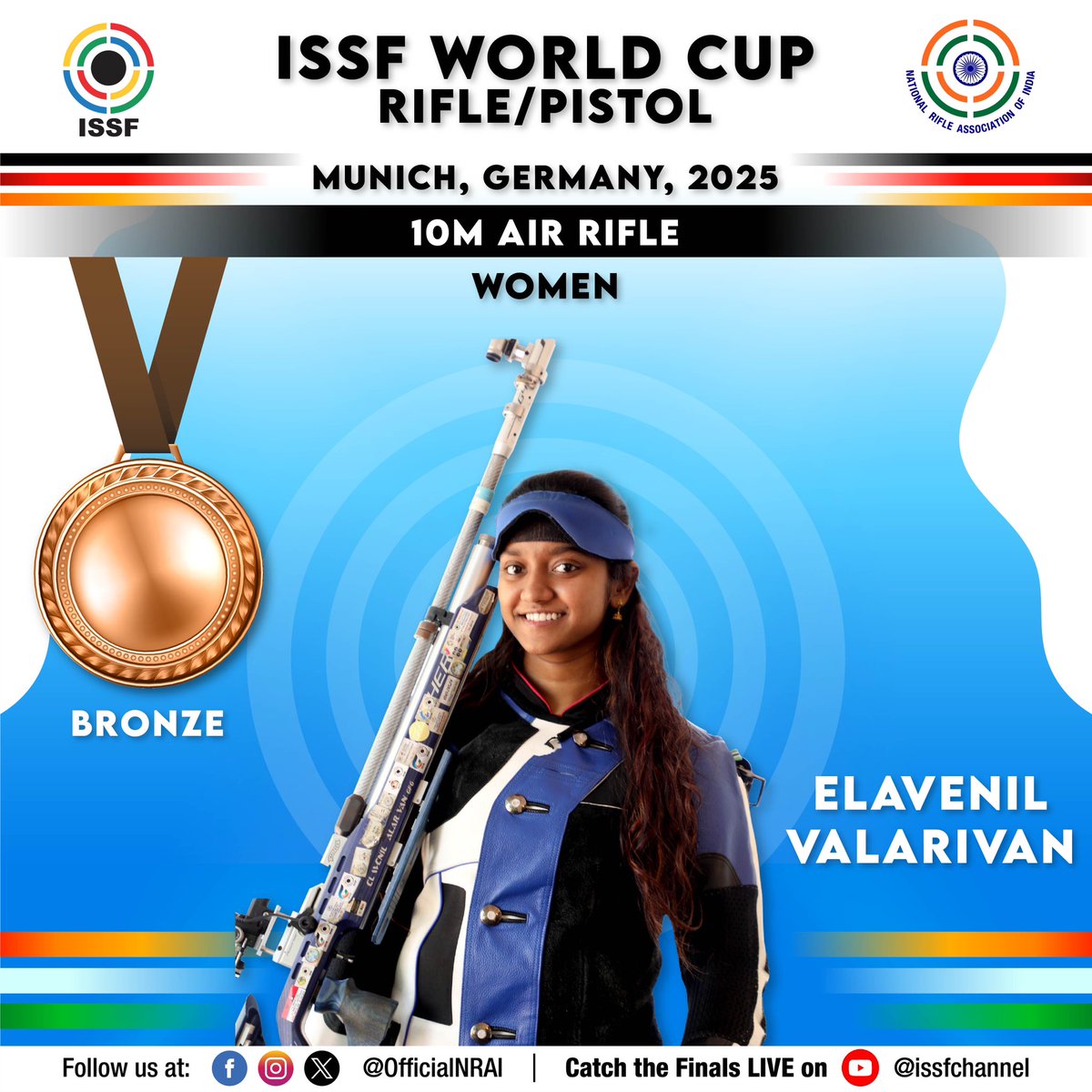 MEDAL 🚨 Ela <a href="/elavalarivan/">Elavenil Valarivan</a> on song in Munich! Takes the women’s 10m air rifle 🥉 for 🇮🇳 with a score of 231.2 in the final. 🇨🇳 🥇 🇰🇷 🥈! First medal for India in the very first final. Congratulations! 💥🎊🎉

#ISSFWorldCup #Munich #Rifle #Pistol #ShootingSports #TeamIndia #India