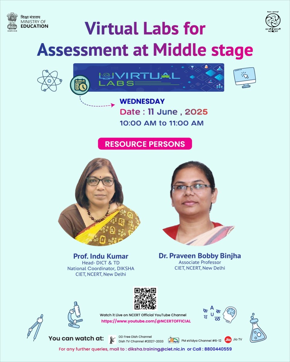 ciet_ncert's tweet photo. Join us for the live session on "Virtual Labs for Assessment at Middle Stage" organized by CIET - NCERT, New Delhi on 11 June 2025 at 10:00 AM - 11:00 AM
Watch live at https://t.co/Yu1bMMateM 
Also you can watch through PMeVidya DTH TV channels 6-8

#virtuallab https://t.co/0ADeg3nEEj