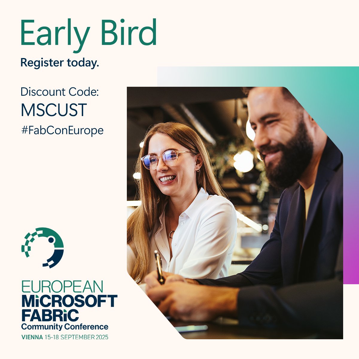 The next edition of #FabConEurope is almost here! Claim your seat now and enjoy a 29% discount on your ticket. 

Register today and get ready for four days in Vienna, learning from the experts: msft.it/6014SU4v8 

#MicrosoftFabric