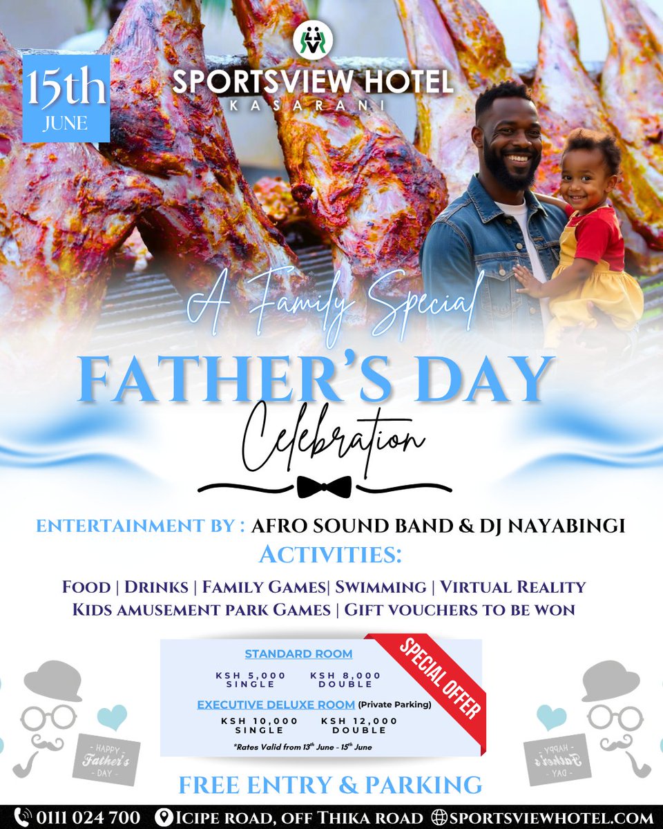 Sportsviewhotel's tweet photo. #FathersDayNairobi:The Ultimate Dad Experience!
Why This Is Unmissable:
Feast Mode: Unlimited BBQ &amp; dri
Live Beats: Afro Sound Band &amp; DJ Nayabingi
VR gaming + kids' amusement park  Games
Free Entry &amp; Parking
Icipe Road, Off Thika Road | ☎️ 011 024 700 https://t.co/lpnKK2cQzt