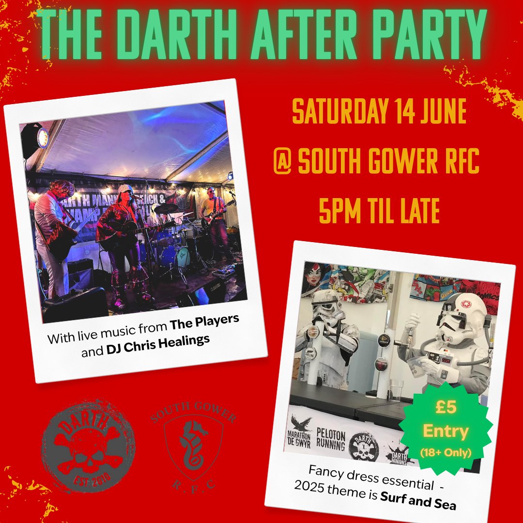 Grab your tickets for The Darth After Party taking place this Saturday (14 June).

With live music from The Players 🎸🎶 and local legend DJ Chris Healings 🎧🎶come dance the night away at the best post-race party in Wales 🕺💃

Entry is £5 per person

🔗bit.ly/darthparty