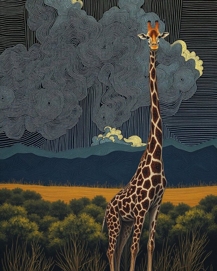 A majestic giraffe stands tall and graceful against the backdrop of the African savannah, reaching up towards swirling, dreamlike clouds and distant blue mountains. Every line and detail pulls you into a world where nature feels both serene and enchanted, and the sky itself seems