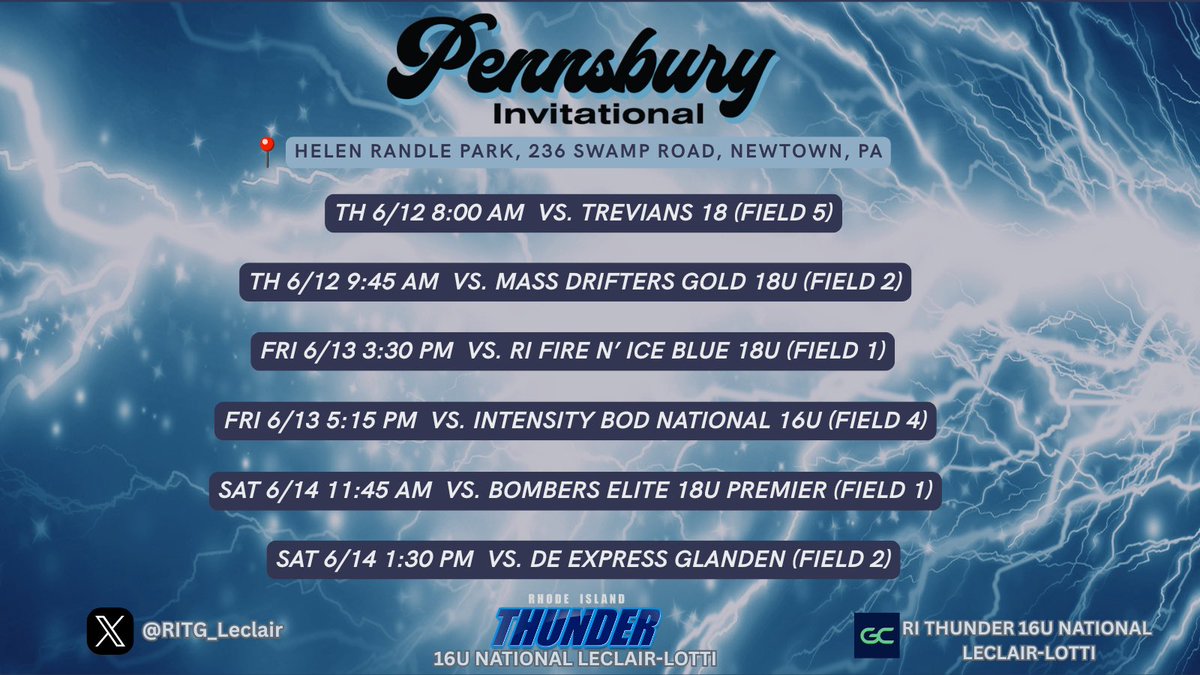 Kayleigh Ventura 2027 (@kayleighv2027) on Twitter photo First tournament of the season schedule drop ⬇️⬇️⬇️
Starting off the season with some great competition down in Pennsburry‼️ Been working hard all winter and spring for this season and can’t wait to be back out there with my girls💪
<a href="/RITG_Leclair/">RI Thunder Gold 16u National Leclair-Lotti</a> <a href="/leclaircoach/">Chris Leclair</a> <a href="/thunderjam134/">dave lotti</a> First tournament of the season schedule drop ⬇️⬇️⬇️
Starting off the season with some great competition down in Pennsburry‼️ Been working hard all winter and spring for this season and can’t wait to be back out there with my girls💪
<a href="/RITG_Leclair/">RI Thunder Gold 16u National Leclair-Lotti</a> <a href="/leclaircoach/">Chris Leclair</a> <a href="/thunderjam134/">dave lotti</a>