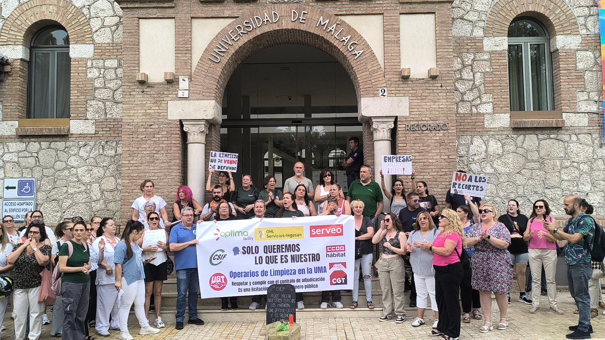 CSIFMalaga's tweet photo. #Limpieza 📢 Hoy nos hemos movilizado para denunciar los recortes por parte de Optima, OHL y Serveo en el servicio de la limpieza de la UMA.

Exigimos que se cumpla el pliego de condiciones y que se ponga fin a la falta de personal generalizada.
 https://t.co/VUSEQQianL
#Málaga https://t.co/ETCDCLuxVs