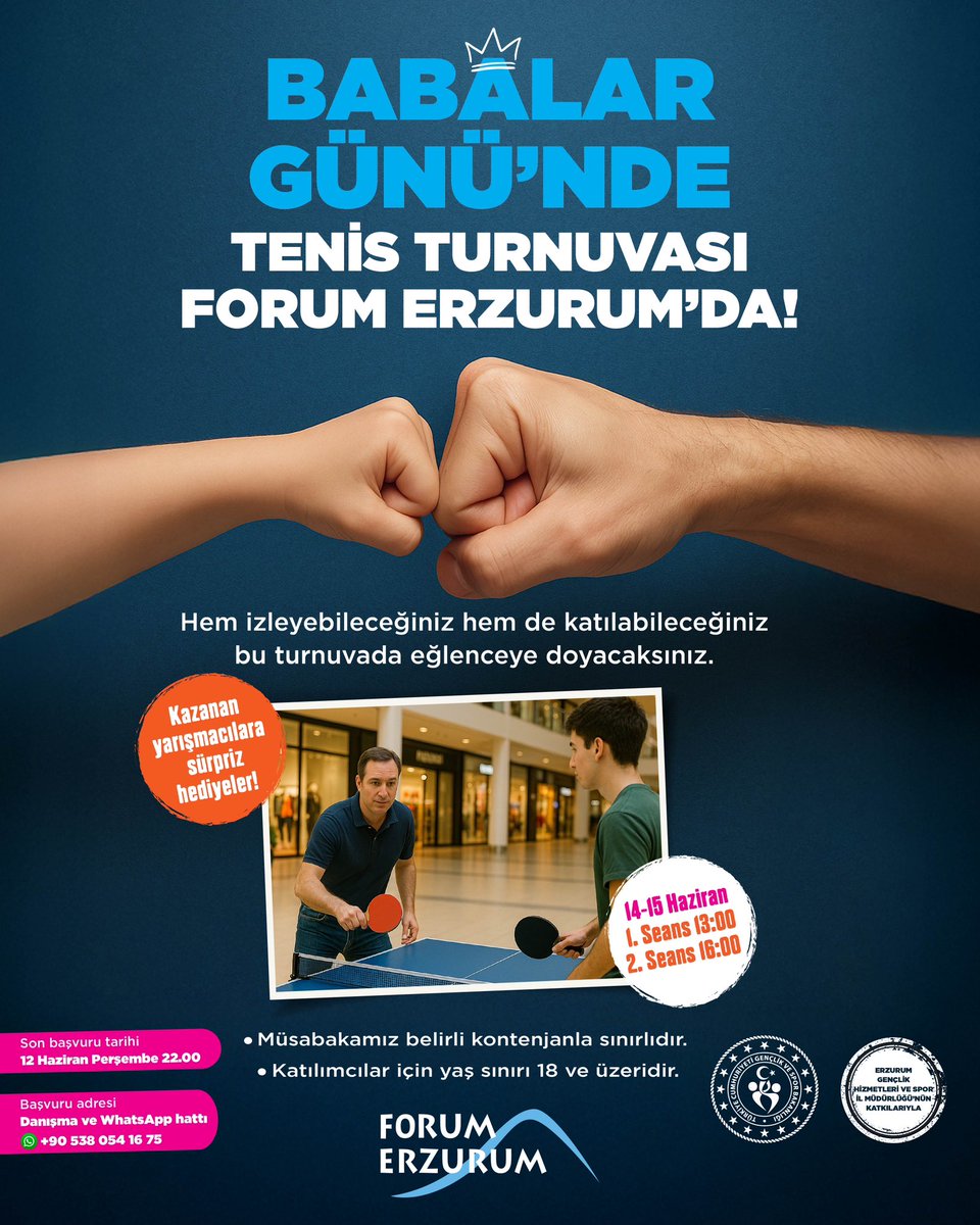 Babalar Günü’nde rekabet, eğlence ve keyif Forum Erzurum’da buluşuyor!

Masa Tenisi Turnuvası ile bu heyecana sen de ortak ol, hem eğlen, hem de sürpriz hediyeleri kazanma şansı yakala! 🎁
