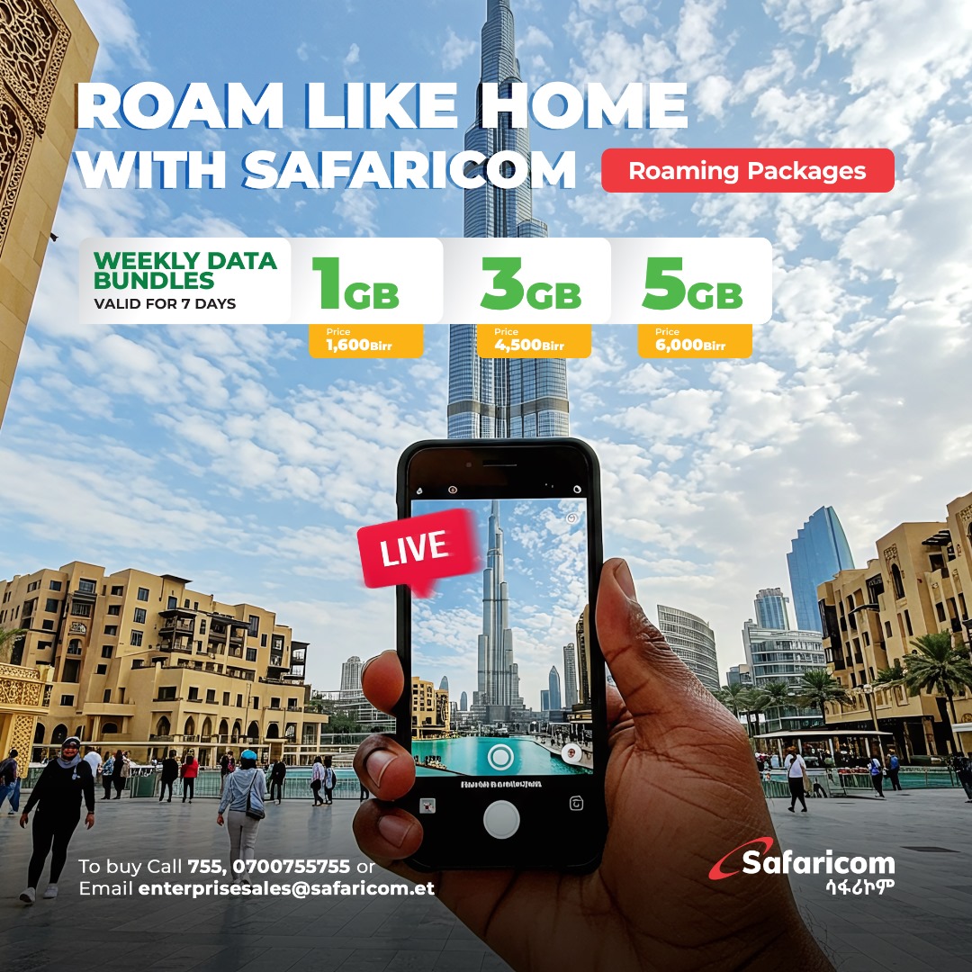Travel light, stay connected. Safaricom's Roaming keeps you in touch with home while you explore the world.

Visit our website for more info! safaricom.et

#SafaricomEthiopia
