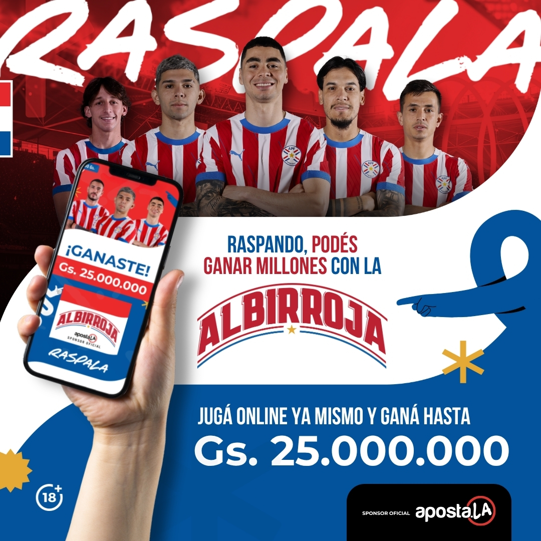 ¡LA HINCHADA GANA CON LA ALBIRROJA Y RASPALA! 🇵🇾

Preparate para ganar porque con nuestra Raspala especial de la selección, ¡podés ganar hasta Gs. 25.000.000! 🤩

No esperes más, jugá online ahora mismo en aposta.la y sentí la emoción de ganar con la Albirroja.