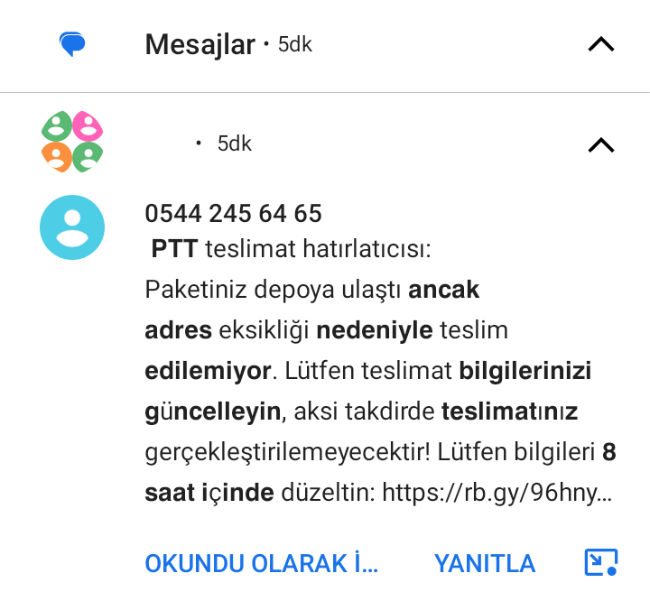 PTT göndermiş gibi dolandırıcılık mesajı! <a href="/PTTKurumsal/">PTT AŞ</a>