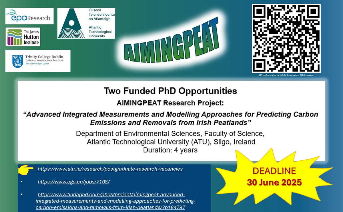 Alina Premrov (@apremrov) on Twitter photo 📢EXCITING OPPORTUNITY!
Two #PhDpositions #modelling #carbon #emissions #removals Irish #peatlands #CO2 #CH4.
📢DEADLINE 30 June 2025📢
<a href="/EPAResearchNews/">EPA Research News</a> funded project
<a href="/APremrov/">Alina Premrov</a> <a href="/matts20000/">Matt Saunders</a> <a href="/JYeluripati/">Jagadeesh Yeluripati</a>
<a href="/peatlandsLIFEIP/">LIFE IP Peatlands and People</a> <a href="/atu_ie/">Atlantic Technological University</a> <a href="/atusligo_ie/">ATU Sligo</a> <a href="/tcddublin/">Trinity College Dublin</a> <a href="/JamesHuttonInst/">James Hutton Institute</a>
Please RT! 📢EXCITING OPPORTUNITY!
Two #PhDpositions #modelling #carbon #emissions #removals Irish #peatlands #CO2 #CH4.
📢DEADLINE 30 June 2025📢
<a href="/EPAResearchNews/">EPA Research News</a> funded project
<a href="/APremrov/">Alina Premrov</a> <a href="/matts20000/">Matt Saunders</a> <a href="/JYeluripati/">Jagadeesh Yeluripati</a>
<a href="/peatlandsLIFEIP/">LIFE IP Peatlands and People</a> <a href="/atu_ie/">Atlantic Technological University</a> <a href="/atusligo_ie/">ATU Sligo</a> <a href="/tcddublin/">Trinity College Dublin</a> <a href="/JamesHuttonInst/">James Hutton Institute</a>
Please RT!