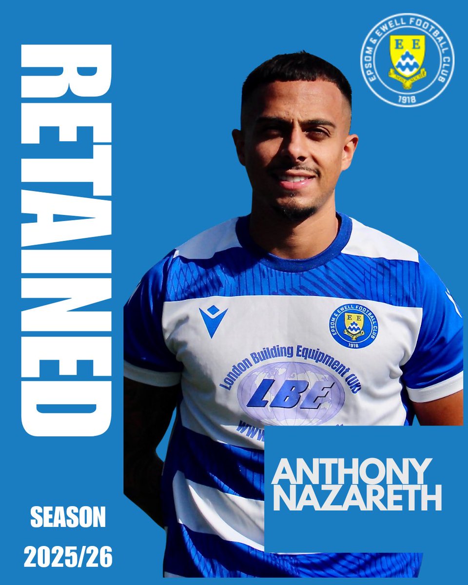 Epsom & Ewell Football Club (@epsomewellfc) on Twitter photo 🚨 RETAINED: 2025/26 🚨
Anthony Nazareth stays on! A warrior on the pitch and a leader off it — full of heart, grit, and passion. Crucial to our strong finish last season. 💪🔵⚪
🎤<a href="/Max_Johnson94/">Max Johnson</a> Joint Manager
#WeAreEpsom | #Salts | #Retained 🚨 RETAINED: 2025/26 🚨
Anthony Nazareth stays on! A warrior on the pitch and a leader off it — full of heart, grit, and passion. Crucial to our strong finish last season. 💪🔵⚪
🎤<a href="/Max_Johnson94/">Max Johnson</a> Joint Manager
#WeAreEpsom | #Salts | #Retained