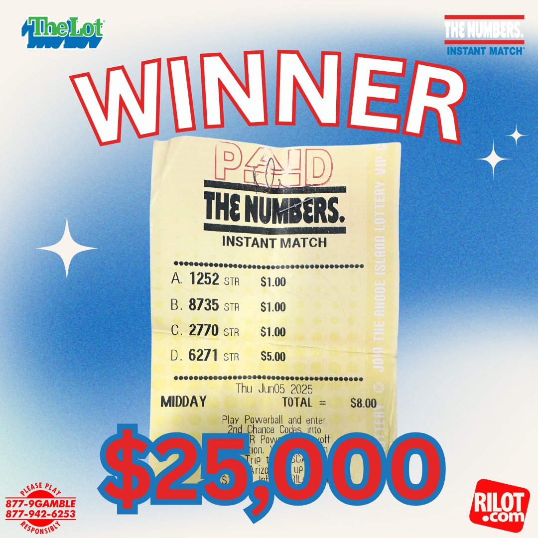 🔢 The Numbers – $25K Winner
Someone’s digits came up! 6 - 2 - 7 - 1! 🔢💰
A man from East Providence won $25,000 playing The Numbers—he bought the lucky ticket at Charles Variety in Providence.