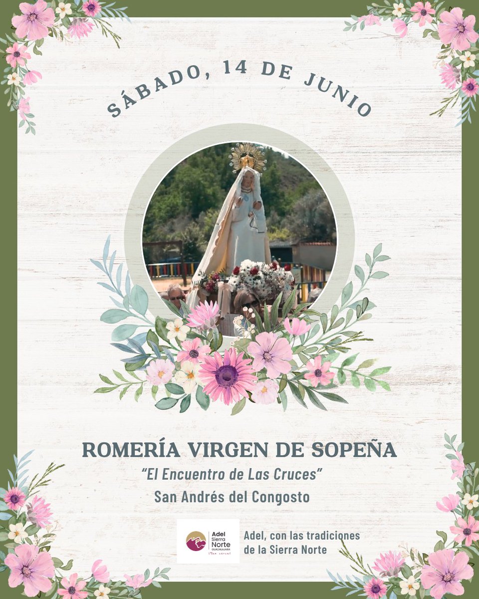 📿🌾 Este sábado 14/6, San Andrés del Congosto acoge la Romería de la Virgen de Sopeña o Encuentro de las Cruces, con raíces desde 1610.

🎶 Fe, tradición y convivencia en la Sierra Norte.
Desde <a href="/AdelSierraNorte/">ADEL Sierra Norte</a> apoyamos lo que nos une 💚
#RomeríaSopeña #SierraNorte #CulturaRural