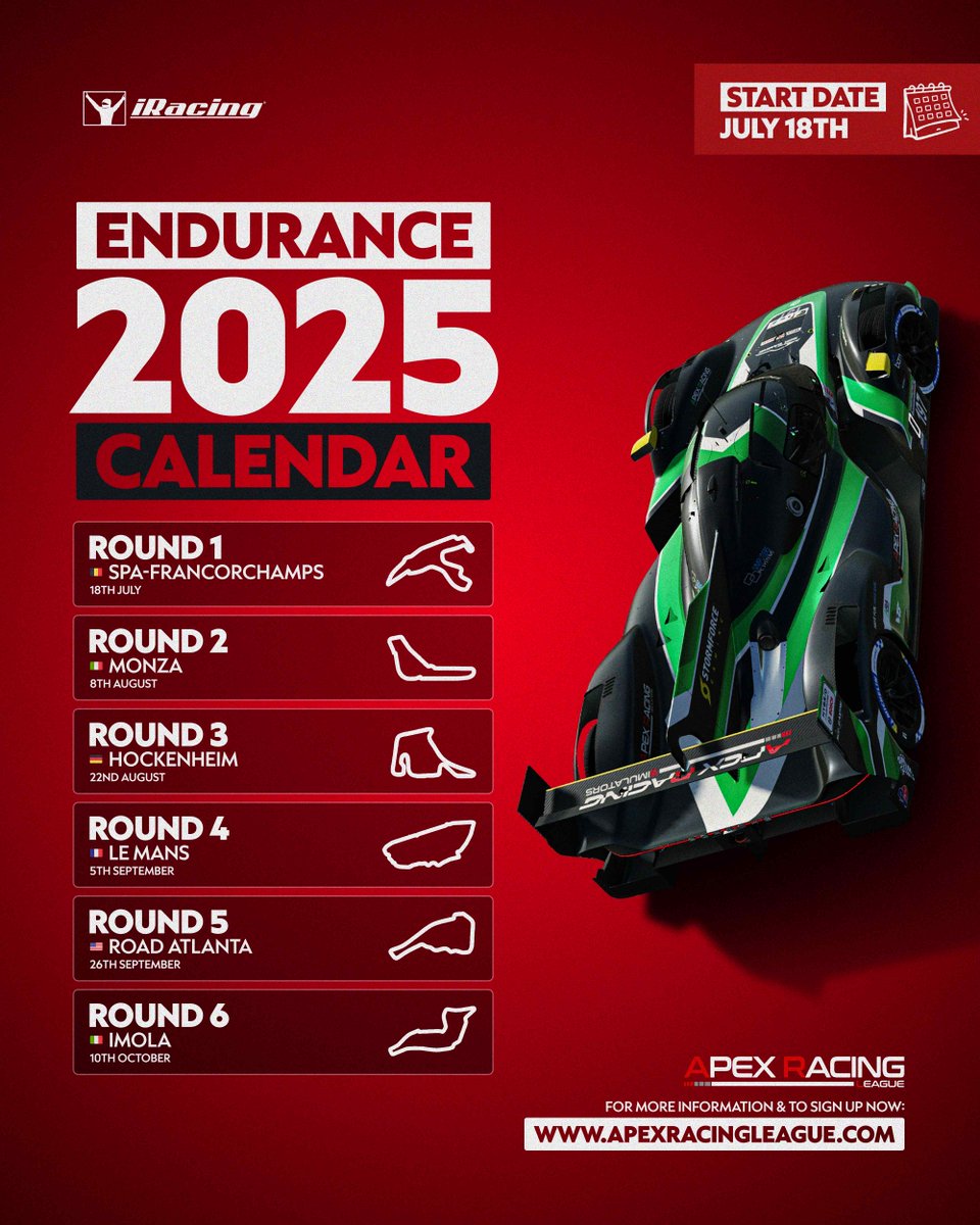 Which circuit are you most looking forward to in ARL Endurance 2025? 🇧🇪 🇮🇹 🇩🇪 🇫🇷 🇺🇸 🇮🇹

Register for the series on our website: apexracingleague.com/arl-endurance-…

#iracing #simracing