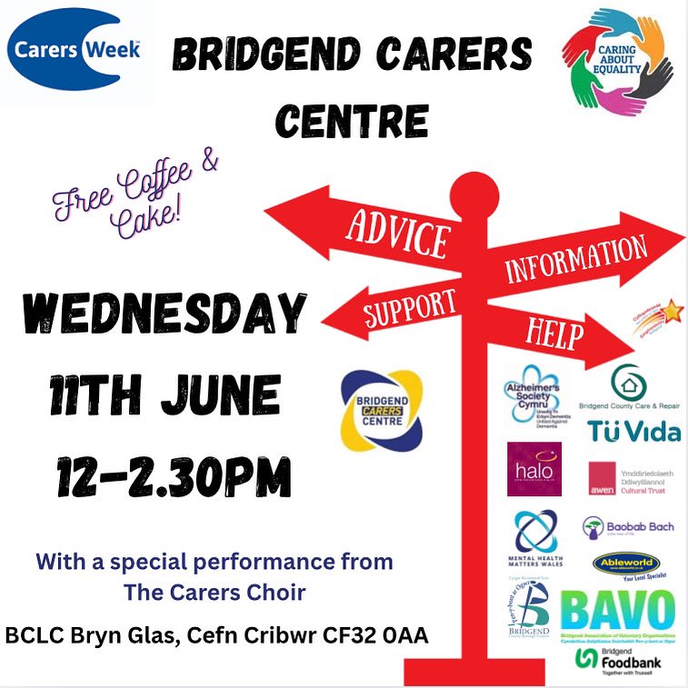 💙💛 Tomorrow, we have our Carers Week Information Sharing Day .

🎶 With a special performance from the Bridgend Carers Centre Choir.

🍰 Free Coffee/Tea and Cake

All welcome 12pm- 2.30pm

#CarersWeek #CaringAboutEquality