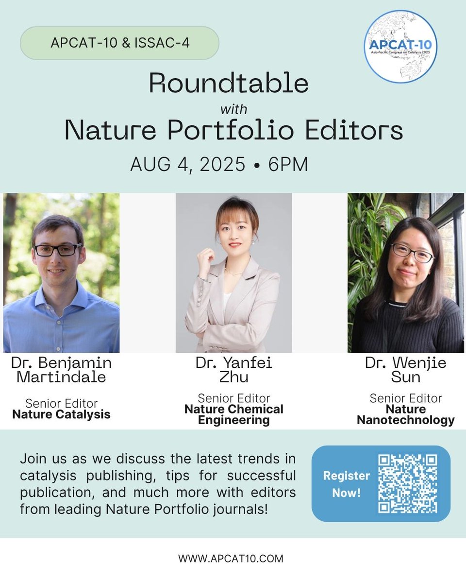 Ning Yan Lab (@ning_yan_lab) on Twitter photo 🎙️Round Table with <a href="/Nature/">nature</a> Portfolio Editors!
APCAT-10 & ISSAC-4 will host senior editors from <a href="/NatureCatalysis/">Nature Catalysis</a>, <a href="/NatChemEng/">Nature Chemical Engineering</a>, & <a href="/NatureNano/">Nature Nanotechnology</a> in 🇸🇬 on Aug-4 at 6pm for a round table discussion!
Join us as we discuss the latest trends in catalysis publishing, tips, + much more! 🎙️Round Table with <a href="/Nature/">nature</a> Portfolio Editors!
APCAT-10 & ISSAC-4 will host senior editors from <a href="/NatureCatalysis/">Nature Catalysis</a>, <a href="/NatChemEng/">Nature Chemical Engineering</a>, & <a href="/NatureNano/">Nature Nanotechnology</a> in 🇸🇬 on Aug-4 at 6pm for a round table discussion!
Join us as we discuss the latest trends in catalysis publishing, tips, + much more!