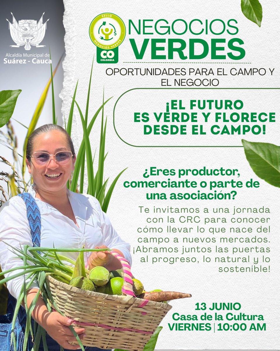 Alcaldía de Suárez, Cauca (@suarez_cauca) on Twitter photo 🚜 ¡Del campo al mercado!
Si eres productor o comerciante rural, esta charla es para ti:
📍 Casa de la Cultura, Suárez
🗓️ Viernes 14 de junio
🕙 10:00 a.m.
Con Patricia Ordóñez (CRC)
Organizan: Oficina de Desarrollo Agropecuario y <a href="/CRCcauca/">Corporación Autónoma Regional del Cauca CRC</a> 🚜 ¡Del campo al mercado!
Si eres productor o comerciante rural, esta charla es para ti:
📍 Casa de la Cultura, Suárez
🗓️ Viernes 14 de junio
🕙 10:00 a.m.
Con Patricia Ordóñez (CRC)
Organizan: Oficina de Desarrollo Agropecuario y <a href="/CRCcauca/">Corporación Autónoma Regional del Cauca CRC</a>
