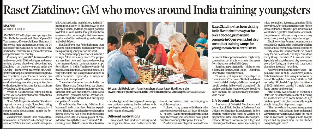 _mayyyank's tweet image. Meet the 66-year-old GM from Tashkent who doesn’t care about ratings, he’d rather lose Elo points in India, teach kids chess, and solve differential equations for fun.