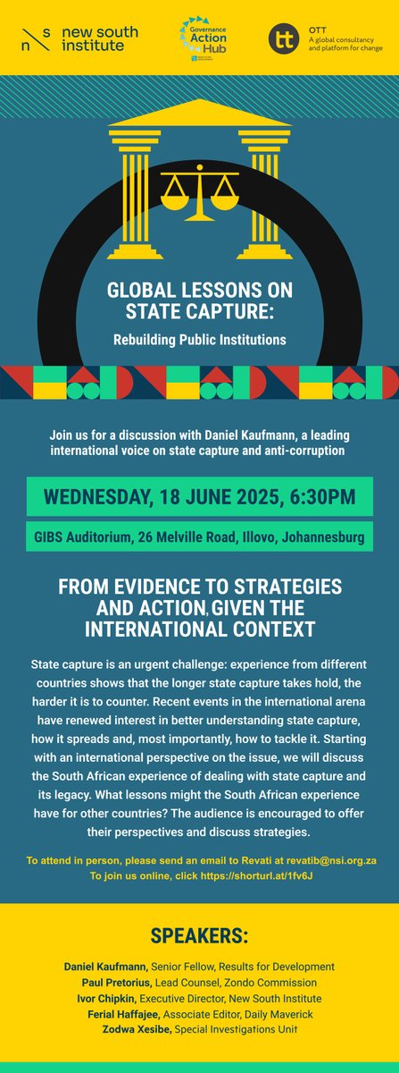 New South Institute (NSI) (@the_nsi) on Twitter photo State capture remains a pressing global challenge. We invite you to join us on Wednesday, 18 June for a discussion with Daniel Kaufmann and other distinguished speakers on lessons from around the world. To attend in person, email revatib@nsi.org.za
<a href="/ferialhaffajee/">Ferial Haffajee</a> <a href="/amaBhungane/">amaBhungane</a> State capture remains a pressing global challenge. We invite you to join us on Wednesday, 18 June for a discussion with Daniel Kaufmann and other distinguished speakers on lessons from around the world. To attend in person, email revatib@nsi.org.za
<a href="/ferialhaffajee/">Ferial Haffajee</a> <a href="/amaBhungane/">amaBhungane</a>