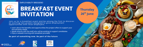 The Bridgend Employer Support Training (BEST) programme is holding an informative breakfast for businesses across #Bridgend County Borough on Thursday 26 June!

Email Jobs-EmployabilityBridgend@bridgend.gov.uk or call 01656 815317 to book your place.