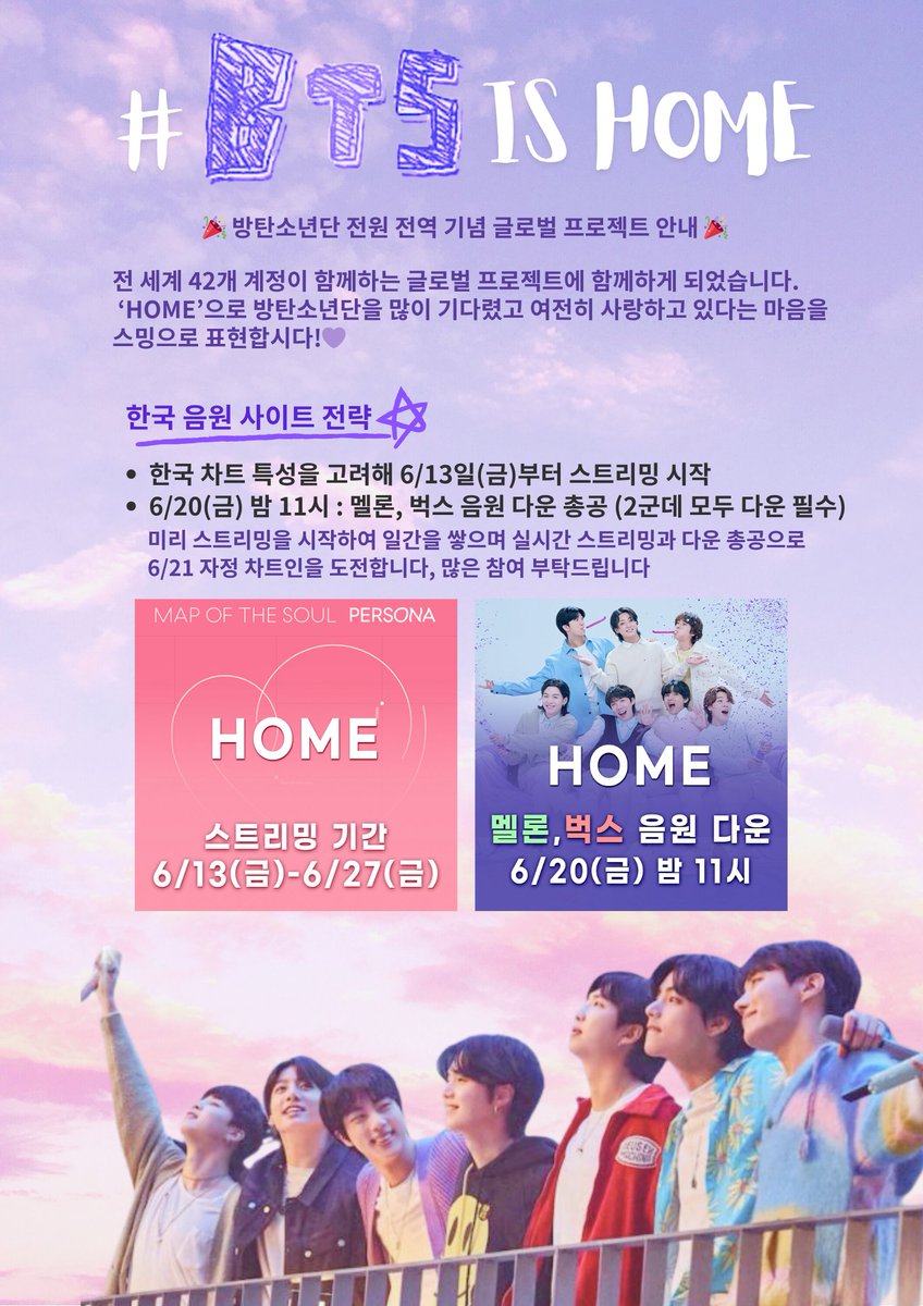 📢 [#BTS_IS_HOME 글로벌 프로젝트 안내]

BTS 완전체 전역 기념 글로벌 프로젝트, 아미분들의 많은 참여가 필요합니다!
‘HOME’을 통해 방탄소년단을 얼마나 기다렸고, 여전히 사랑하고 있다는 마음을 표현해 주세요!💜

🔹 ‘HOME’ 필수 스트리밍 기간 : 6월 13일 ~ 6월 27일
🔹 음원 다운로드 총공