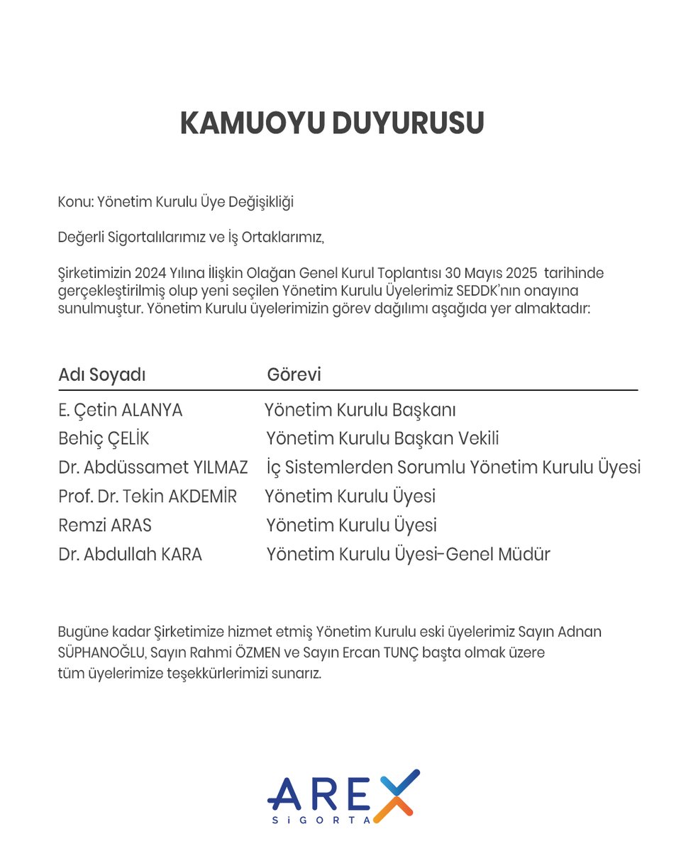 Kamuoyu Duyurusu !!!
#ArexSigorta