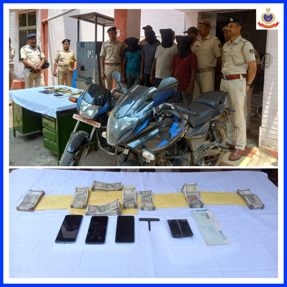 Interstate Organised Crime Syndicate busted, 4 arrested.

A special team comprising SDPO &amp; IIC Patnagarh aided with AI and cyber tools has nabbed 4 interstate robbery gang having involvement in 19 cases across Odisha and recovered robbed cash of Rs.3,15,000/- and 2 robbed bikes.