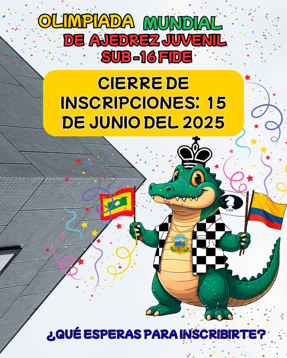 "¡Atención ajedrecistas! 🚨 15 jun: último día para inscribir equipos en la Olimpiada Mundial Juvenil Sub-16 🏆. Compite con los mejores en Barranquilla, Colombia 🇨🇴 16-23 ago. ¡Inscríbete ahora! 💪 #OlimpiadaMundialAjedrez <a href="/FIDE_chess/">International Chess Federation</a>