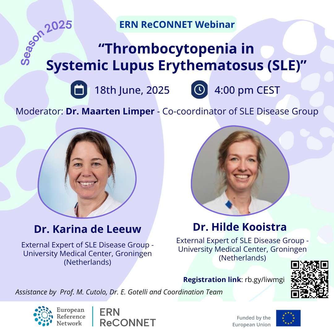 Register now:🆕<a href="/ern_reconnet/">ERN ReCONNET 🇪🇺</a> #webinar “Thrombocytopenia in systemic lupus erythematosus (SLE)” with Dr. Karina de Leeuw and Dr. Hilde Kooistra, moderated by Dr. Maarten Limper.
🗓️June 18th - 16 CEST
✍️Registration is🆓 rb.gy/liwmgi
⚙️ on SLE bit.ly/4k2X5CZ