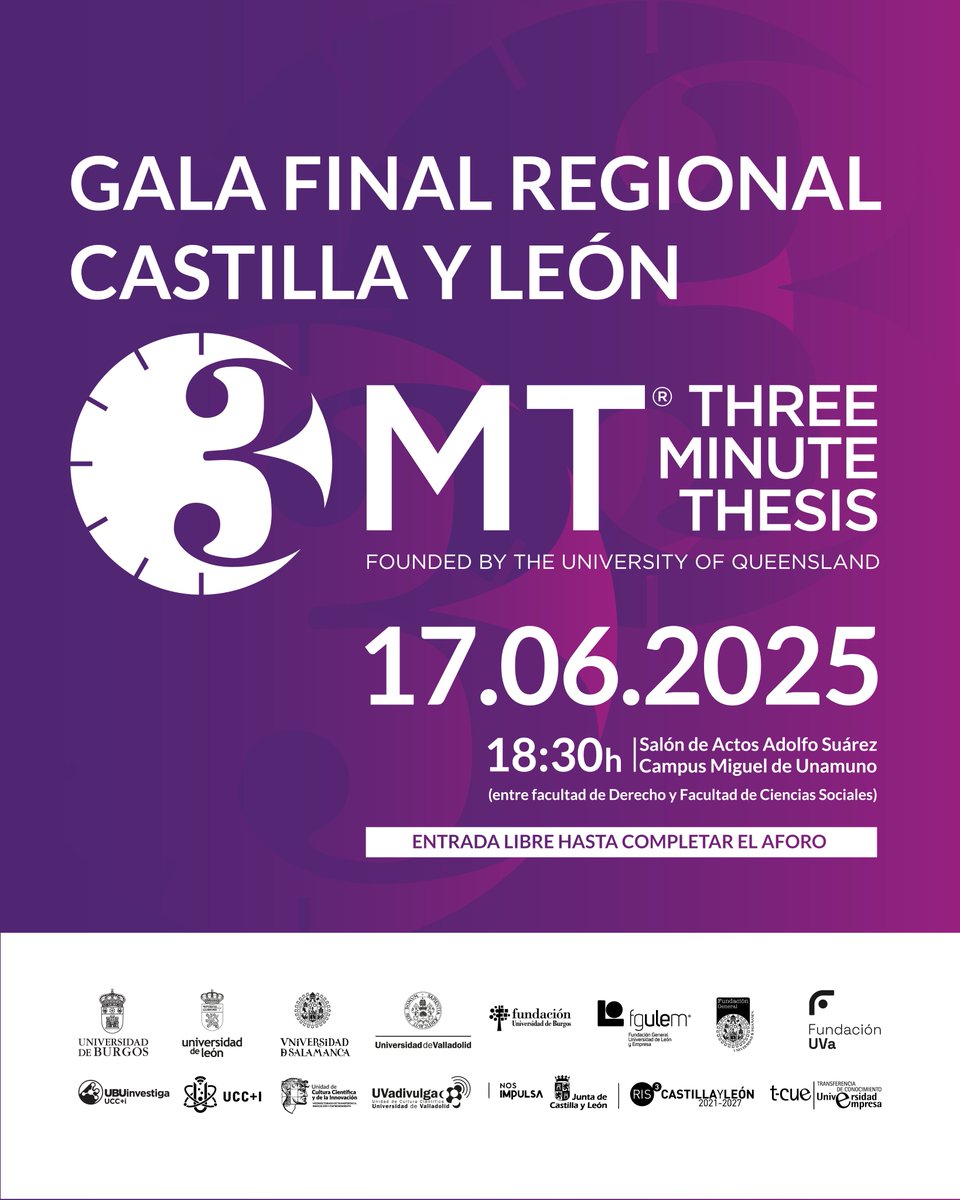 Unidad de Cultura Científica y de la Innovación (@ucciusal) on Twitter photo ⏱️ 3MT | Gala final regional
📅 17 de junio
🕡 18:30h
📍 Salón de Actos Adolfo Suárez
Los tres finalistas de las Universidades de Burgos, León, Valladolid y Salamanca presentarán sus tesis doctorales en solo 3 minutos.
✨ Charla divulgativa con <a href="/ConchiLillo/">Conchi Lillo🧠🔬👀</a>
🎟️ Entrada libre ⏱️ 3MT | Gala final regional
📅 17 de junio
🕡 18:30h
📍 Salón de Actos Adolfo Suárez
Los tres finalistas de las Universidades de Burgos, León, Valladolid y Salamanca presentarán sus tesis doctorales en solo 3 minutos.
✨ Charla divulgativa con <a href="/ConchiLillo/">Conchi Lillo🧠🔬👀</a>
🎟️ Entrada libre
