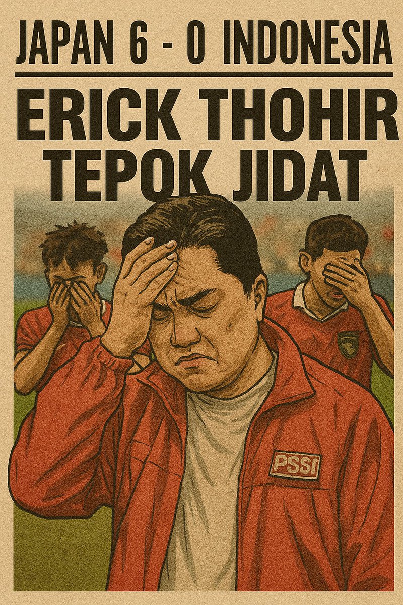 Bang Udah Bang 
Erick Thohir Udah Tepok Jidat

Indonesia babak belur dibantai Jepang 6-0. Di lapangan, pemain timnas terkulai, di tribun penonton hanya bisa terdiam. Di tengah semua itu, Erick Thohir—Ketua PSSI—kembali jadi sorotan. Publik menanti evaluasi menyeluruh, bukan