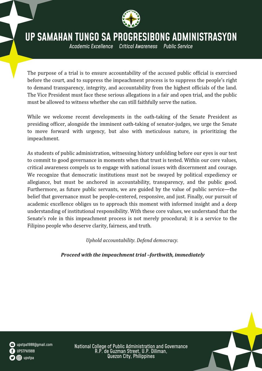 upstpa's tweet photo. "... we understand that the Senate’s role in this impeachment process is not merely procedural; it is a service to the Filipino people who deserve clarity, fairness, and truth.

Uphold accountability. Defend democracy.

Proceed with the impeachment trial –forthwith" https://t.co/ZhYEC1Mg7U