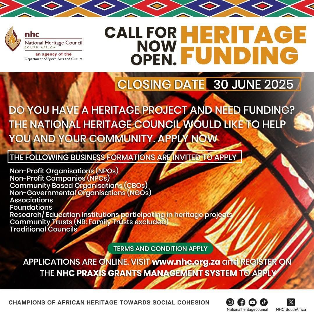 📣 CALL FOR FUNDING FOR HERITAGE PROJECTS!

Got a heritage initiative that needs funding?
The National Heritage Council is now accepting applications from NPOs, NGOs, CBOs, Trusts, and more!

facebook.com/share/p/19Nw8x…
