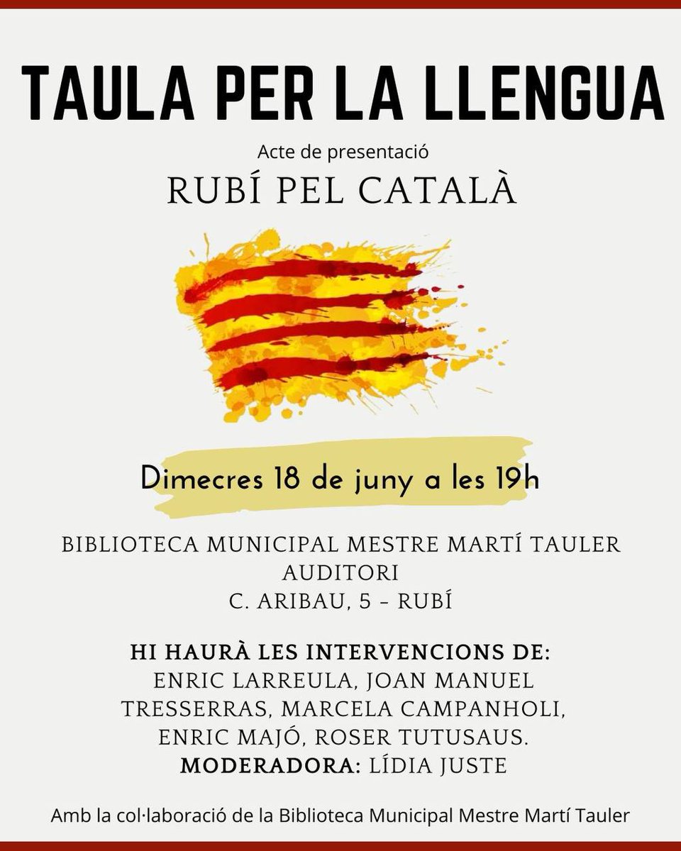 🗣️ El dimecres 18 de juny a les 19 h es presenta la Taula per la Llengua de Rubí a la Biblioteca Mestre Martí Tauler.

Una iniciativa col·lectiva per impulsar l’ús del català a la ciutat, amb reflexions i veus destacades.