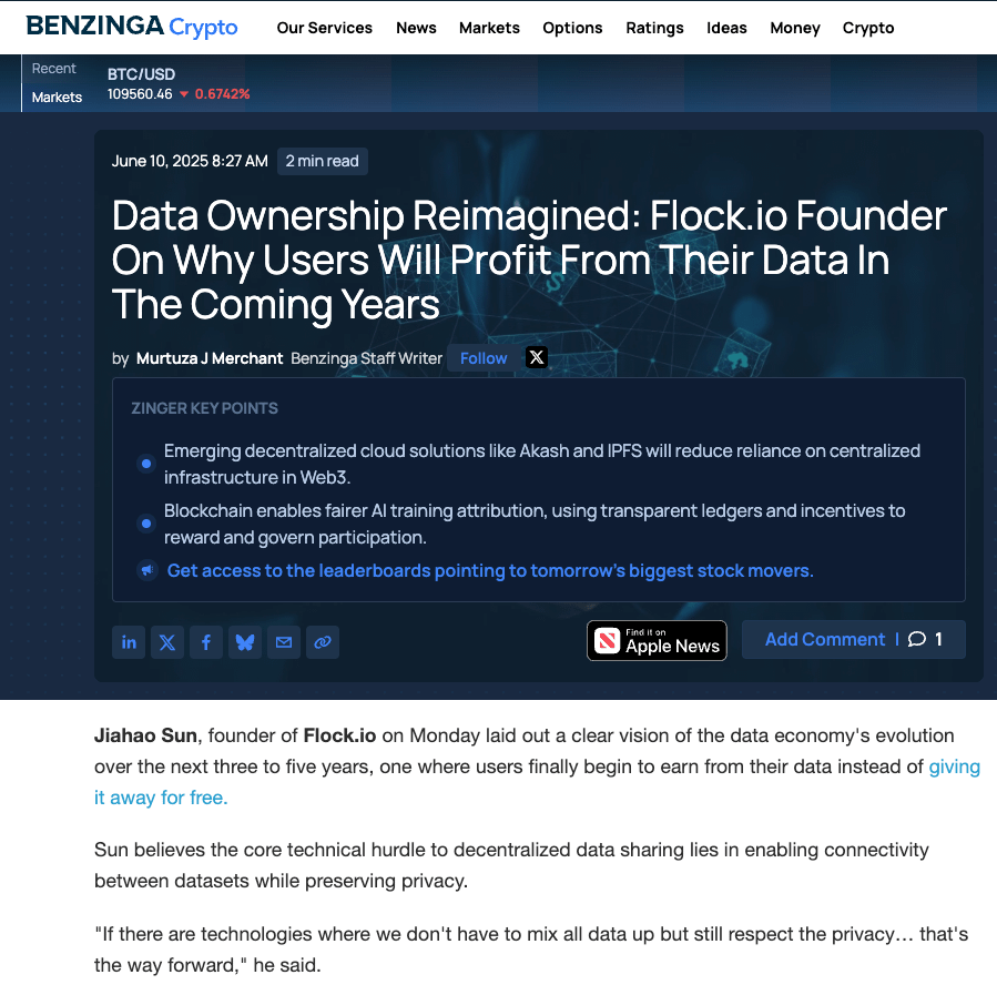 flock_io's tweet photo. "If there are technologies where we don't have to mix all data up but still respect the privacy… that's the way forward"

The shift in how we train AI is just beginning, and it’s already happening.

Our CEO and Founder @0x7SUN shared his insights with @murtuza_merc in the latest interview with @Benzinga at @proofoftalk👇